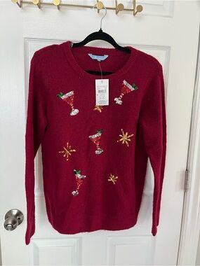 Penmans Christmas Martini Sequin Sweater Red Crew Neck NWT Size Small